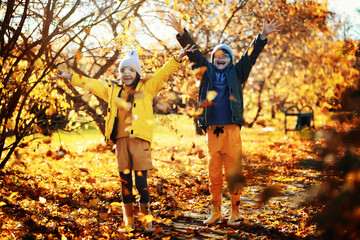 Obraz premium Happy joyful little kid walking in beautiful autumn forest, child playing and having fun during walk in nature. Family outdoors