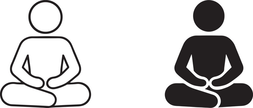 Yoga meditation black silhouette and outline icon isolated on white background.
