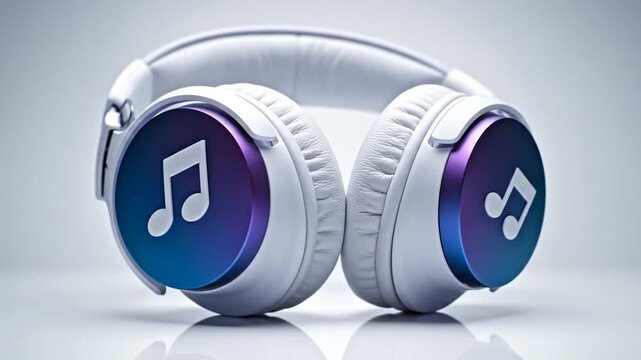 White wireless headphones with music note icon on an isolated white background.