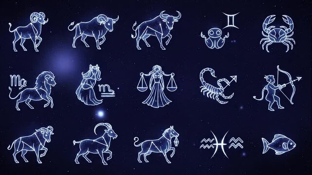 Collection of astrological zodiac constellation symbols on a dark blue starry background, celestial horoscope signs