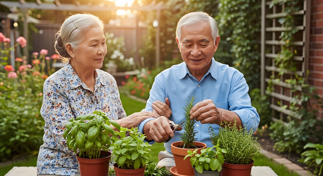 Elderly man and woman sitting in a garden focusing on pruning rosemary and basil plants in clay pots