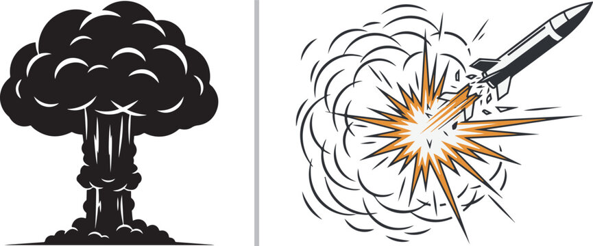 A high-impact vector duo: a solid black mushroom cloud silhouette on the left and a dynamic missile impact featuring orange explosive sparks and billowy smoke clouds on the right.