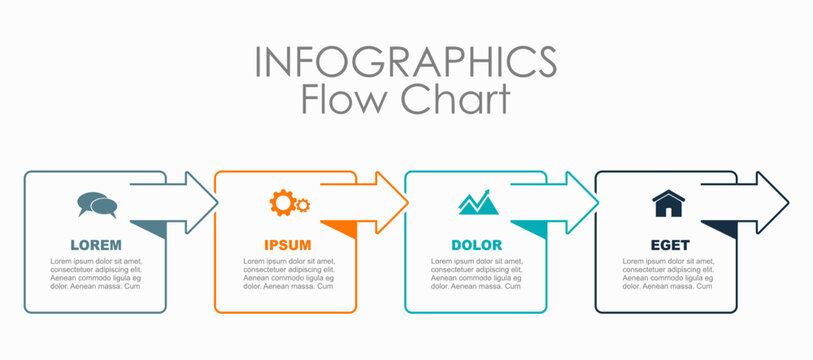 Colorful 4-step infographic with labels, icons, text for business processes, presentations, timelines. Vector illustration.