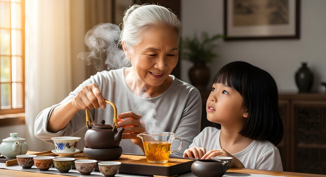 Elderly woman pouring hot tea from a clay pot for a curious young girl in a cozy indoor setting