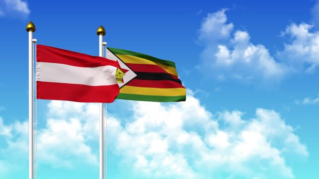 Waving flags of AUSTRIA and ZIMBABWE on pole included with alpha
