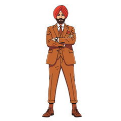Obraz premium A sikh man in a brown suit and orange turban standing with his arms crossed