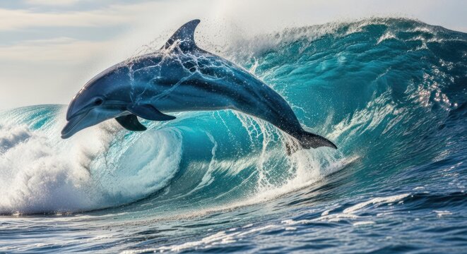 A dolphin leaping out of a large, blue wave in the ocean.