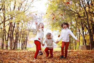 Fototapeta premium Young family on a walk in the autumn park on a sunny day. Happiness to be together.