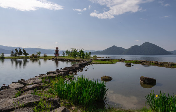 Early Summer Lake Landscape with Ukimidō Pavilion and Nakajima Island, Lake Toya, Hokkaido, Japan