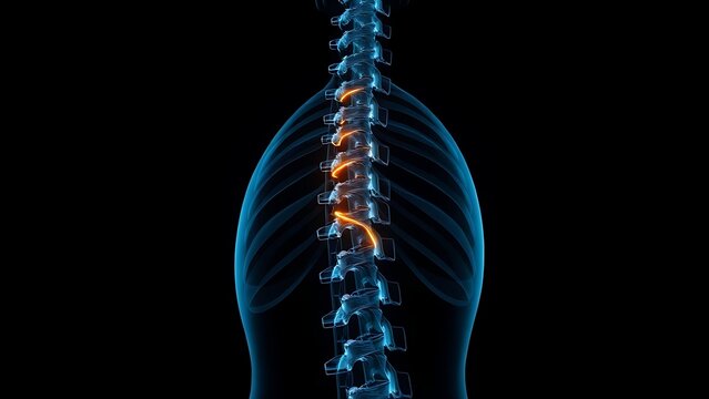 culpability. X-ray silhouette of a human spine with a subtle golden coil ascending within the vertebrae. STEM education sheets, lab safety posters, designed for biotech research communications.