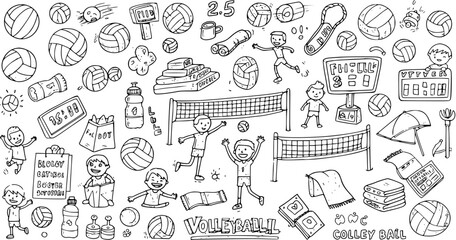 Obraz premium Volleyball Game Doodle Set: Hand-drawn collection of players, balls, nets, scoreboards, and various accessories in a playful, black and white cartoon style.