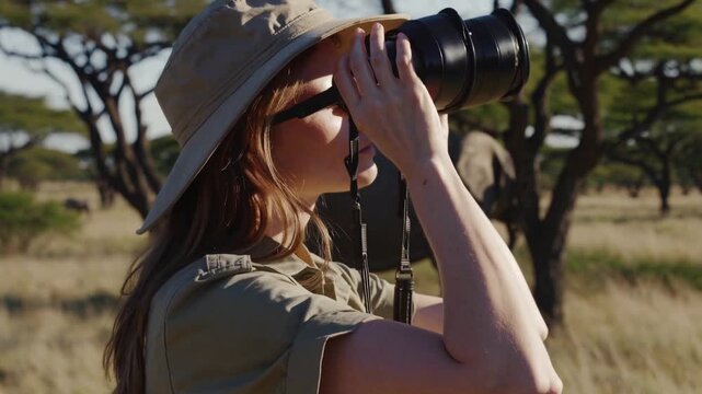 Caucasian woman using binoculars on safari, wide-brim hat shielding face, focused gaze toward distant acacia trees and elephant in golden grass, warm sunlight, field researcher and birdwatcher