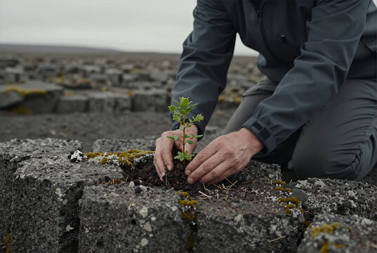 Symbolic Earth Protection Gesture on Icelandic Basaltic Rock