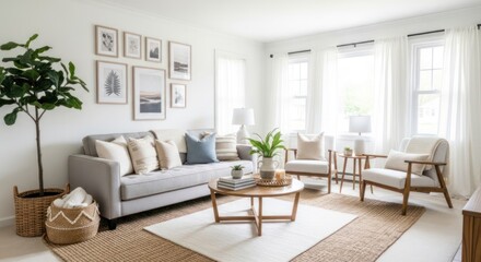 Fototapeta premium A cozy, well-lit living room with modern decor and natural light.