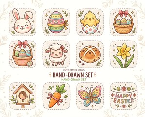 Easter Traditional Food and Desserts Set with Cakes, Hot Cross Buns, Chocolate Bunnies and Eggs in Flat Illustration Style