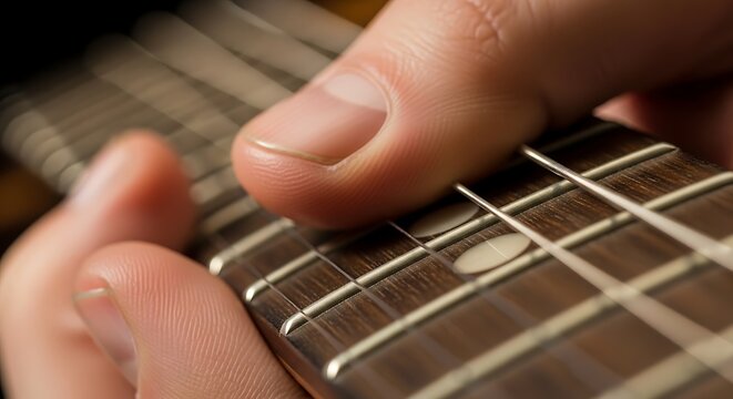 Close-up of Hands Playing Acoustic Guitar Strings.
