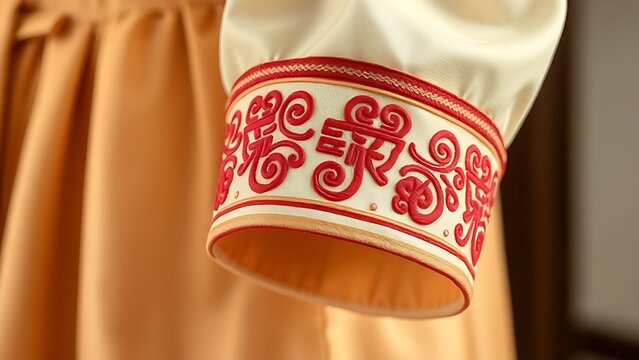 tenet. Detailed dancheong patterns embroidered on the cuff of a traditional hanbok sleeve. event programs, museum guides, designed for cultural heritage projects and event programs.