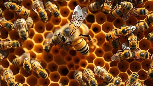 diploid. A queen bee surrounded by worker bees in a honeycomb during golden hour. wildlife magazines, conservation campaigns, designed for nature documentaries and education.