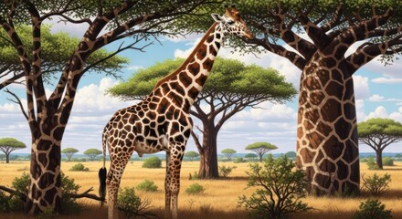Obraz premium A giraffe standing in a savanna landscape with trees and a clear sky.
