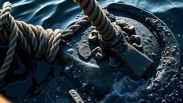 jeopardizing. Thick wet ropes and barnacled anchor pulled from dark water, droplets flying. safety posters, maintenance manuals, designed for industrial assembly lines and welding operations.