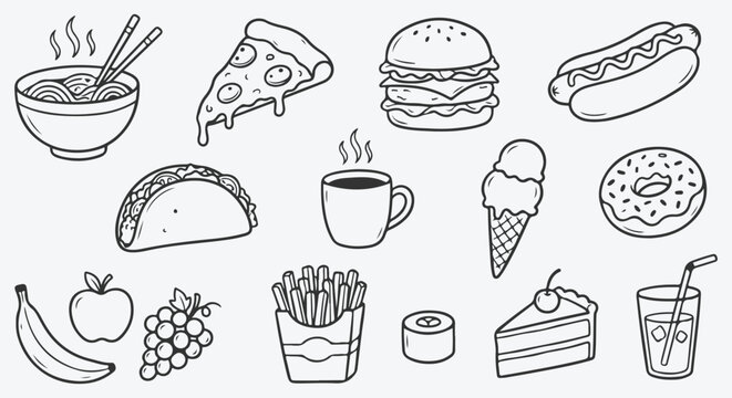 A Culinary Symphony: Doodle style of many food items such as banana, apple, pizza, coffee, donut, noodle and so on in seamless pattern to whet your appetite.