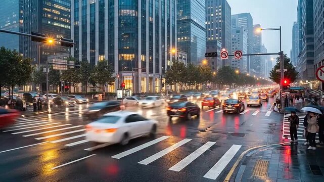 Busy City Street with Cars and Pedestrians on a Rainy Day.