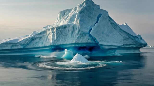 Arctic iceberg floats with hidden danger below concept. Massive iceberg floating in calm polar ocean with clear blue water and serene sky