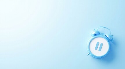 Naklejka premium Blue alarm clock displaying a pause symbol on a light blue background, flat lay with ample copy space for time management and break concept.