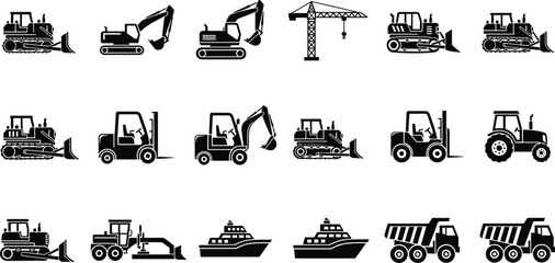 Construction and heavy machinery icon set with excavator bulldozer crane forklift truck and industrial transport isolated on white background vector © Mou