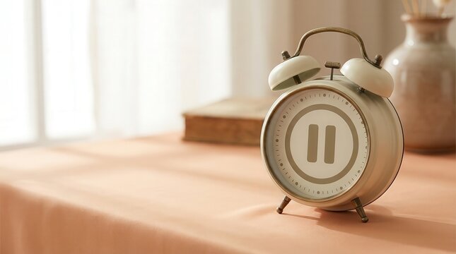 Cream retro alarm clock displaying a pause symbol on a peach colored table with copy space for work-life balance concept.