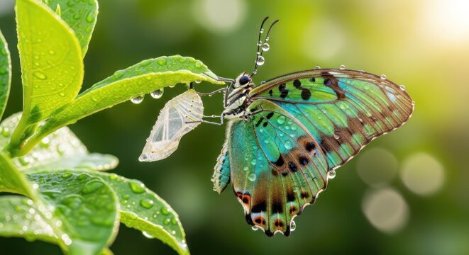 A butterfly emerging from a chrysalis on a green leaf with water droplets, set against a blurred natural background.