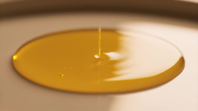Macro Close Up Of Golden Oil Droplet Falling And Spreading On Smooth Ceramic Surface In Studio Lighting