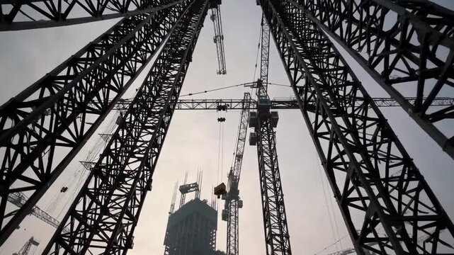 towering steel scaffolding and cranes frame skyline, hazy light casting dramatic silhouettes around rising skyscraper core, lattice girders forming corridor perspective, crane hooks suspended