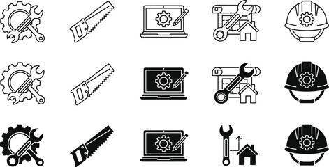Construction engineering icon set and heavy machinery silhouettes featuring excavators, dump trucks, carpentry tools, hard hats, and industrial building equipment vector collection © Mou
