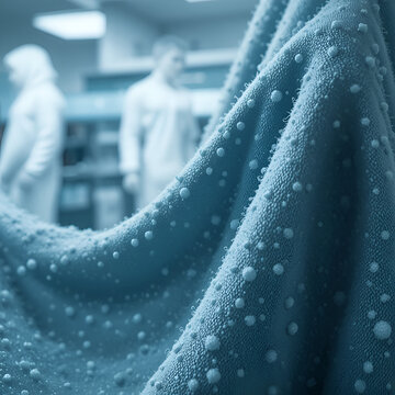Medium shot capturing antibacterial textile coatings in action emphasizing fabric resisting bacterial growth in a clean hygienic environment.