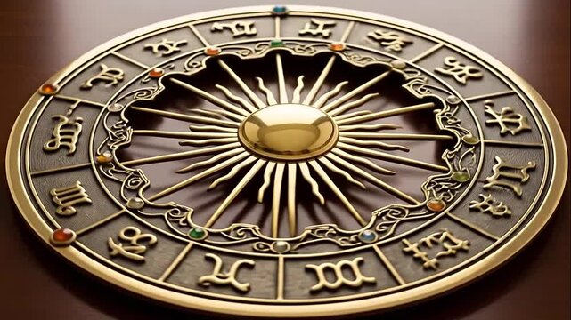 Intricate golden zodiac wheel and astrological compass with symbols on a dark wooden background, representing astrology and destiny.