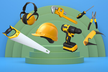 Naklejka premium Construction tools and safety equipment floating over podium on abstract background, industrial work and protection concept