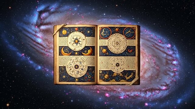 Ancient open book with intricate astronomical charts floating against a swirling galaxy background, depicting cosmic knowledge.