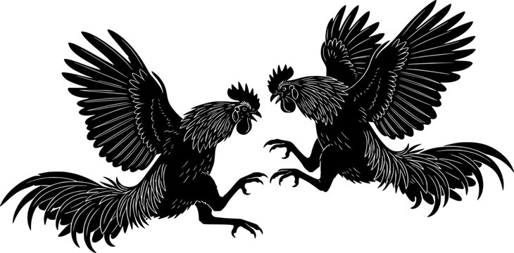 two roosters fighting. Dynamic woodcut style of roosters in mid-air battle, energetic farm animal silhouette with splatter details.