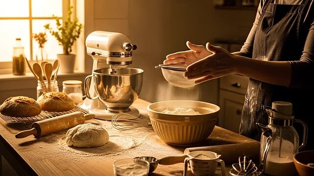 Caring person sifting flour into a bowl on a rustic wooden table in a warm kitchen with baking ingredients.
