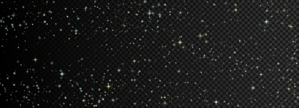 Starry night sky with transparent effect. Vector realistic galaxy overlay texture. Space background