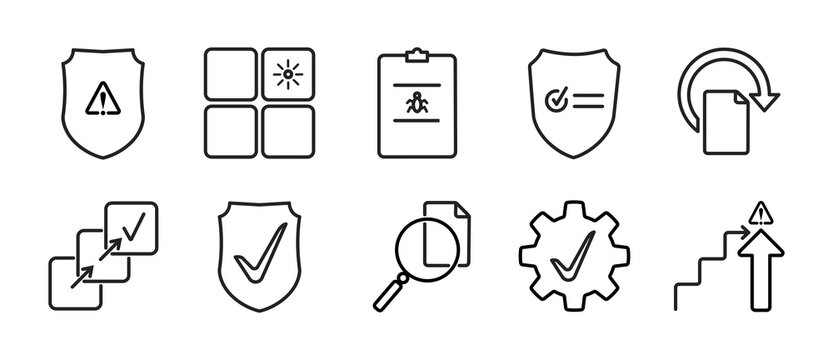 roject Risk and Control System Icons &ndash; Modern Minimalist Outline Corporate Vector Set Includes risk assessment, audit process, compliance, mitigation plan, quality control, escalation, approval work