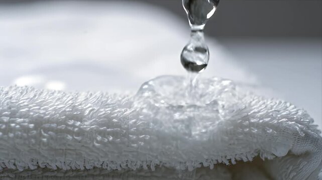 Macro Shot of Water Droplets Falling onto a Textured White Towel Creating Ripples Clean and Refreshing Texture Study