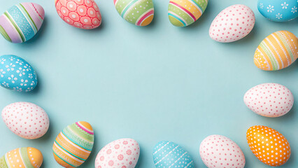 Fototapeta premium Colorful eggs arranged in a circle on a light background during an Easter celebration