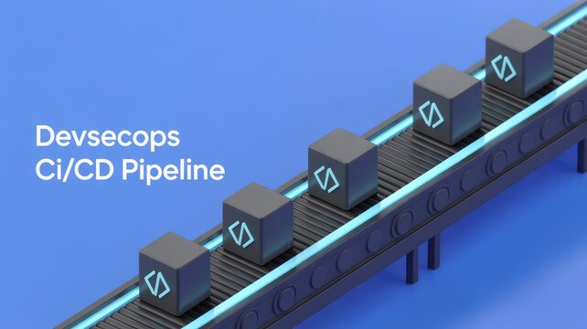 Devsecops Ci CD Pipeline with abstract glowing code cubes moving on a modern conveyor belt