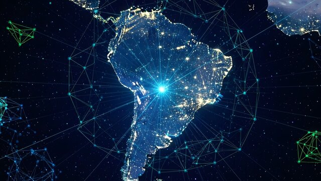 South America map with digital global network lines. International connectivity and satellite communication. Glowing earth continent showing urban lights and data grid
