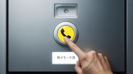Fototapeta premium A persons finger presses a bright yellow button with a phone symbol on a modern metal intercom panel