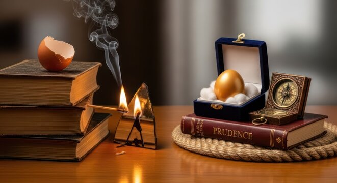 A symbolic representation of wealth and knowledge, featuring a golden egg in a jeweled box, a book, and a compass on a wooden surface, with a broken eggshell and candles in the background.