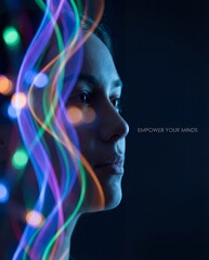 Woman contemplating with colorful light patterns on dark background  