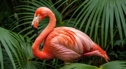 Fototapeta premium A vibrant red flamingo standing amidst green palm leaves, showcasing its elegant posture and striking plumage.